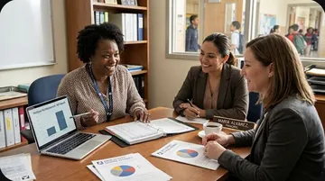 School district administrators reviewing Medicaid reimbursement data with a consultant