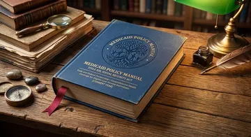 A bound Medicaid policy manual on a desk with reference materials