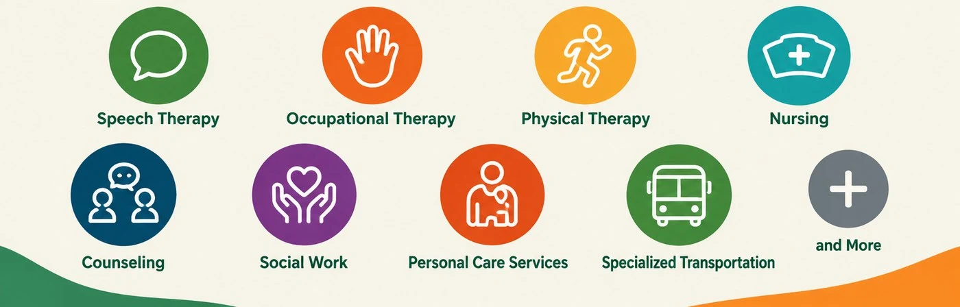 Covered services: speech therapy, occupational therapy, physical therapy, nursing, counseling, social work, personal care services, specialized transportation, and more.