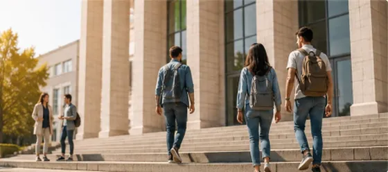 College students walking up the steps of a campus building